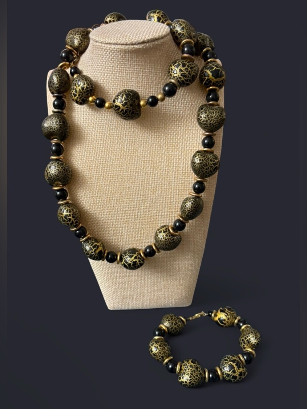 VTG Japan Necklace & Bracelet Set | Black & Gold Crackle Beads